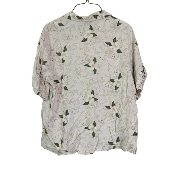 Basic Edition VINTAGE tan white floral Rayon button up short sleeve blouse LARGE - Picture 5 of 6